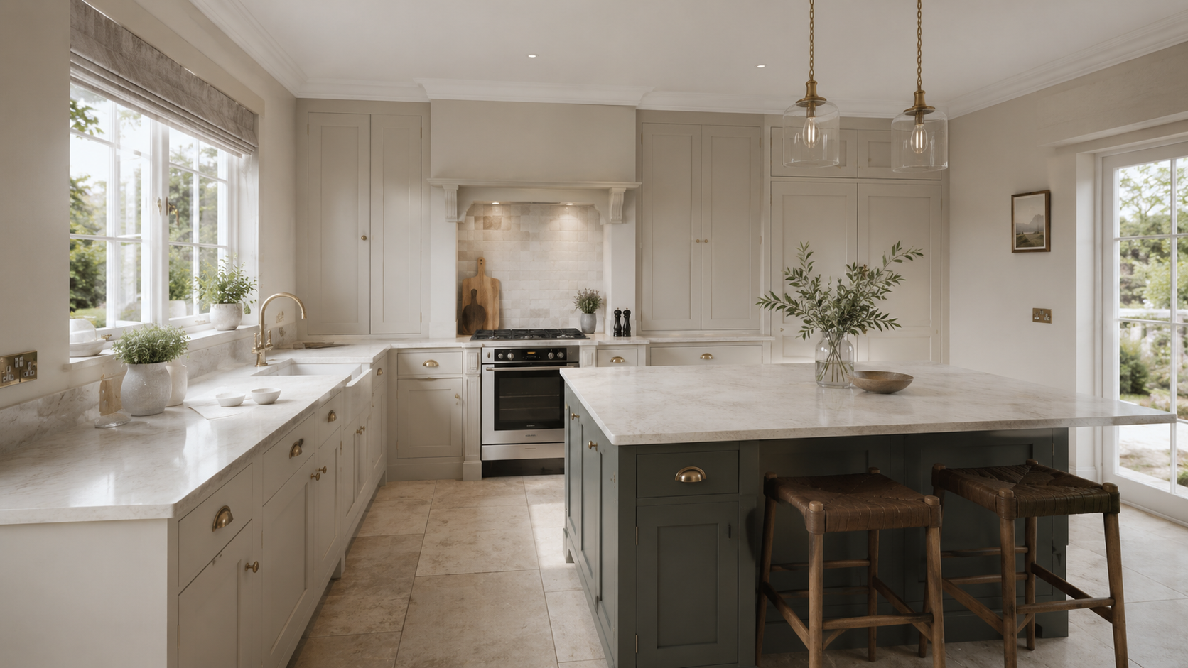 Contemporary English kitchen with elegant lighting and stone worktops
